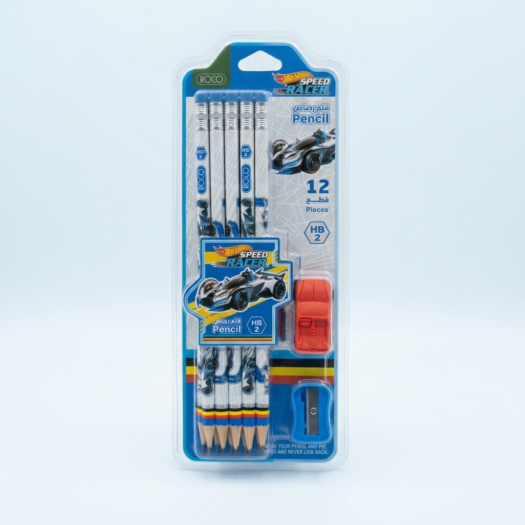 Roco Speed Racer Pencil Set with Sharpener and Eraser - 12 Pieces