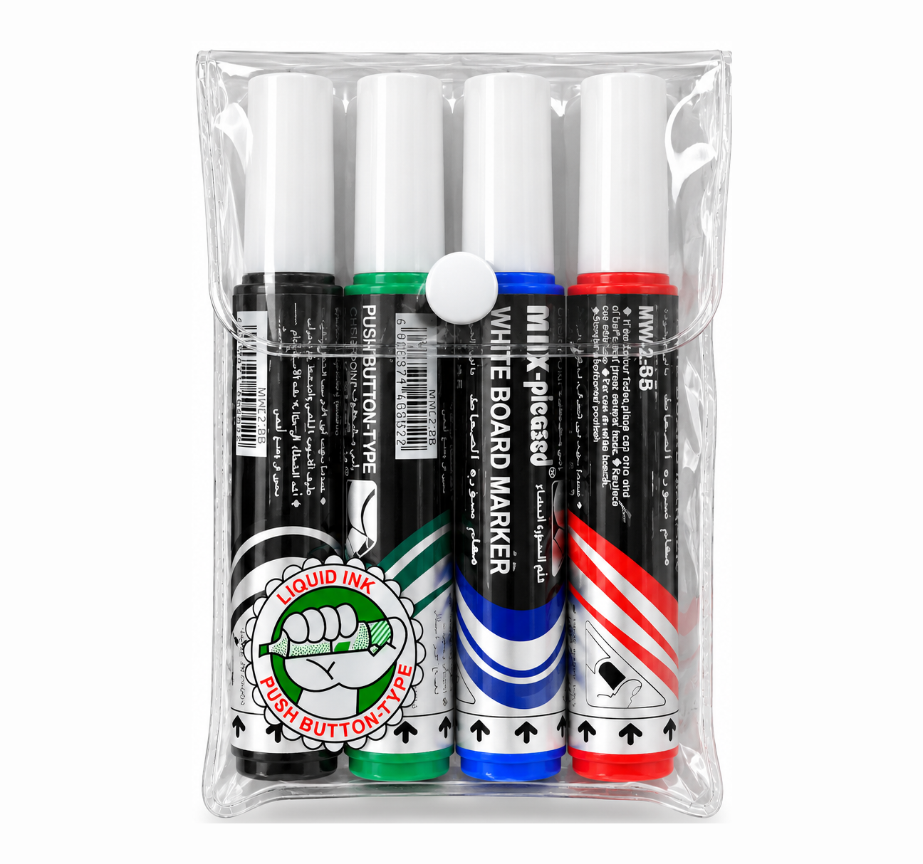 Whiteboard Marker Set – 4 Colors, Chisel Tip & Push-Button Ink System